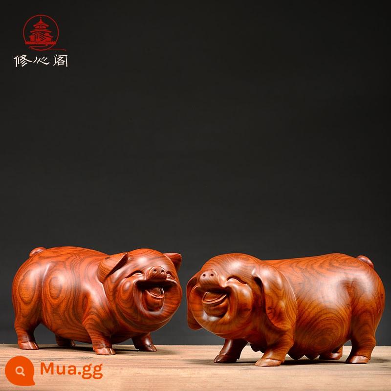 Huarhuali Woodcarvan đến Pig Trang trí gỗ rắn điêu khắc mười hai cung hoàng đạo Phòng khách Động vật Trang trí nhà đồ gụ bằng gỗ gụ - Cặp heo hồng sắc dài 8cm