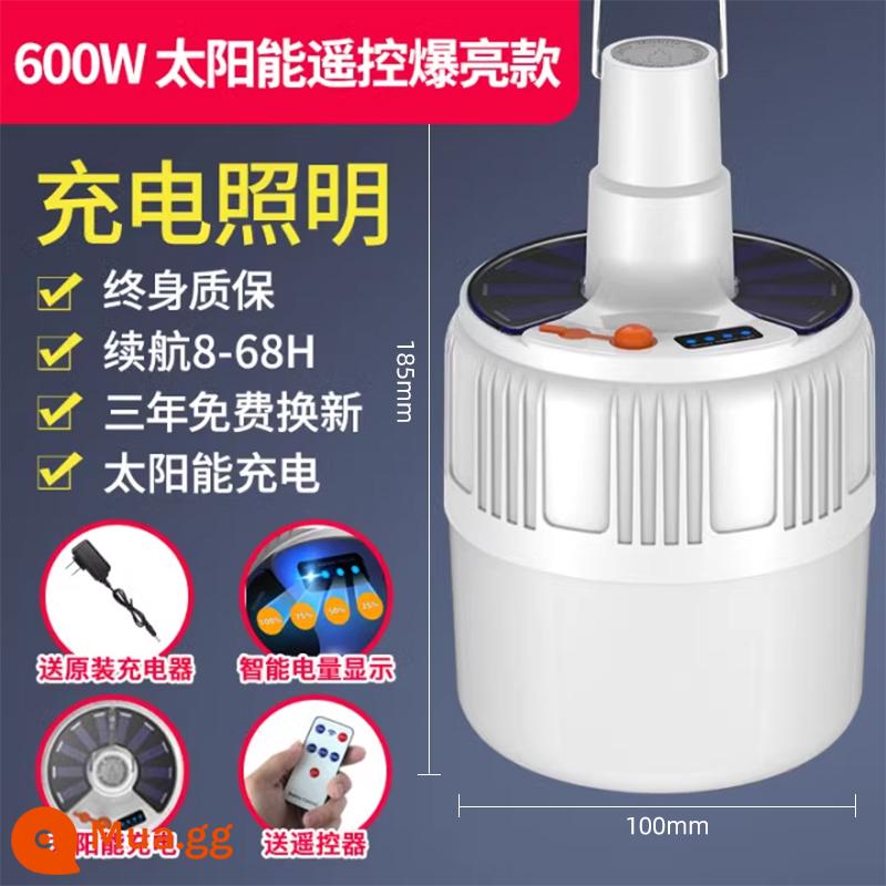 Đèn LED Sạc Bóng Đèn Mất Điện Chiếu Sáng Khẩn Cấp Hộ Gia Đình Đèn Cắm Trại Ngoài Trời Siêu Sáng Đèn Gian Hàng Chợ Đêm - Điều khiển từ xa nổ (ánh sáng trắng 600w) sạc năng lượng mặt trời + hiển thị thời lượng pin 60H (có điều khiển từ xa)