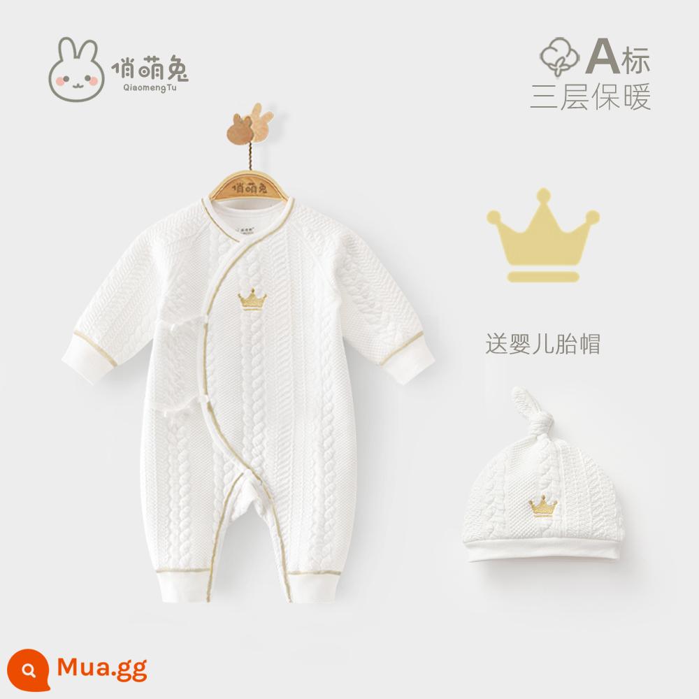 Qiao Thỏ Dễ Thương 0 đến 3 tháng tuổi quần áo trẻ sơ sinh sơ sinh mùa xuân và mùa thu cotton nguyên chất sơ sinh áo liền quần đầy đủ tháng cho bé quần áo trẻ em - Phong cách thu đông [Vương miện vàng] đi kèm mũ bào thai