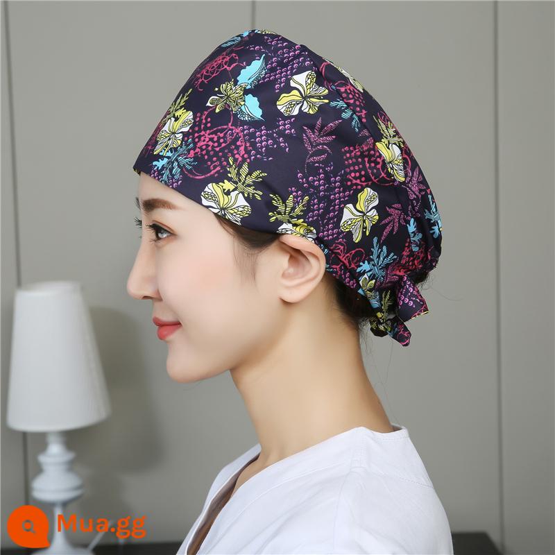 Mũ phòng mổ nữ cotton mũ y tá giam hóa trị bao đầu mũ phòng khám nha khoa bác sĩ làm việc mũ nam - Hoa nhỏ màu vàng xanh hải quân