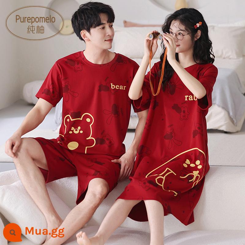 Bộ 2 giá cặp đôi đồ ngủ cotton mùa hè váy ngủ ngắn tay nữ mùa hè hoạt hình Hàn Quốc phục vụ tại nhà bộ vest nam mỏng - Cặp đôi T18911