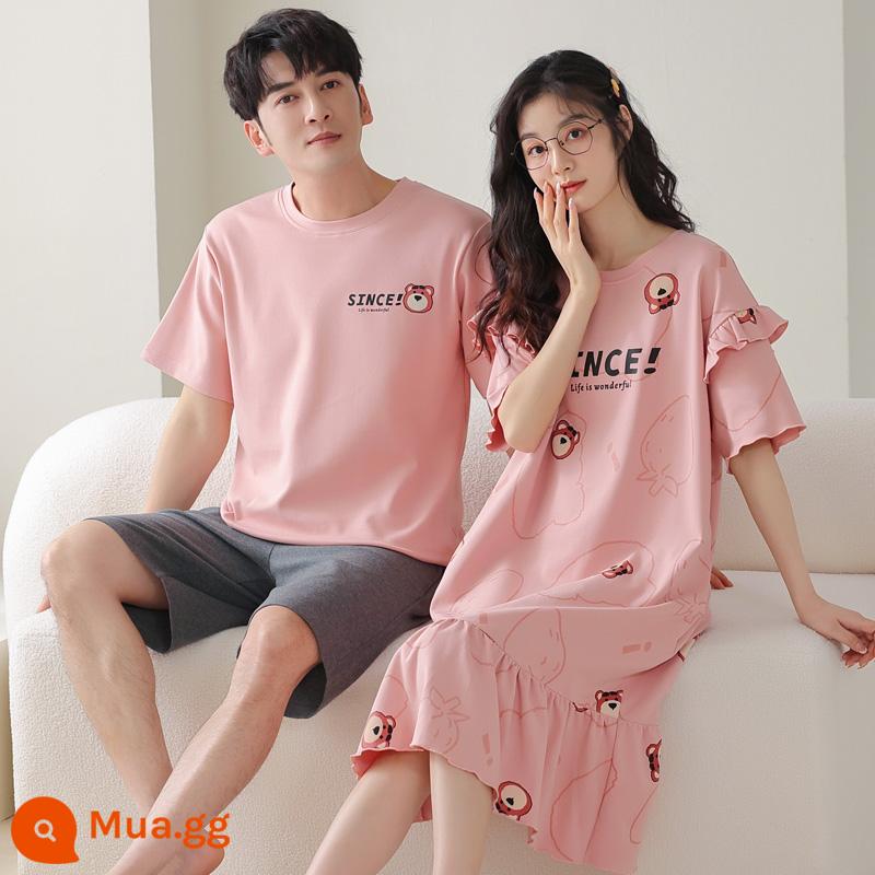 Bộ 2 giá cặp đôi đồ ngủ cotton mùa hè váy ngủ ngắn tay nữ mùa hè hoạt hình Hàn Quốc phục vụ tại nhà bộ vest nam mỏng - cặp đôi Wf8878