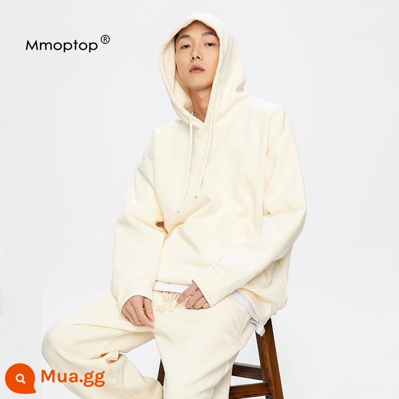 Mmoptop mùa thu hợp thời trang thương hiệu màu trắng sữa có mũ trùm đầu phù hợp với áo len nam Mỹ nam cặp đôi áo khoác quần nam - Màu trắng kem (trên cùng)