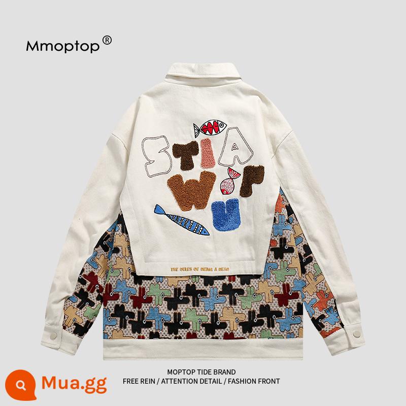 Mmoptop mùa thu thêu áo khoác denim nam Mỹ triều thương hiệu rời cặp đôi áo khoác nam mùa thu đông quần áo nam - màu trắng kem