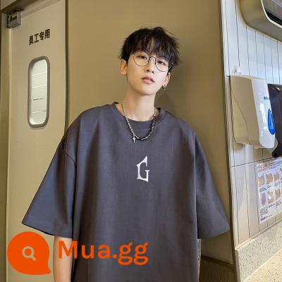 Cotton Mỹ oversize260g nặng T-shirt nam ngắn tay thương hiệu hợp thời trang mùa hè quần áo nửa tay đường phố thời trang - Màu xám đậm (in chữ G)