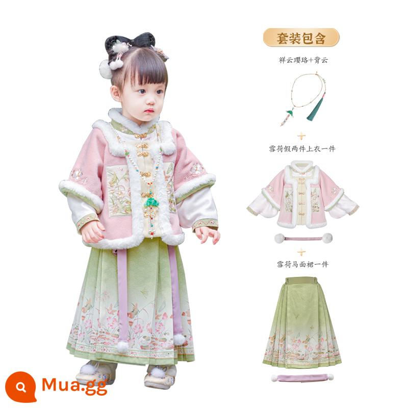 Shu Li.Xuehe Hanfu Girls Winter Plus Velvet 2023 Quần áo đêm giao thừa dành cho nữ Trang phục cổ xưa của nhà Minh Váy mặt ngựa dành cho trẻ em - Bộ đồ sen tuyết + Mây sau Xiangyun Yingluo