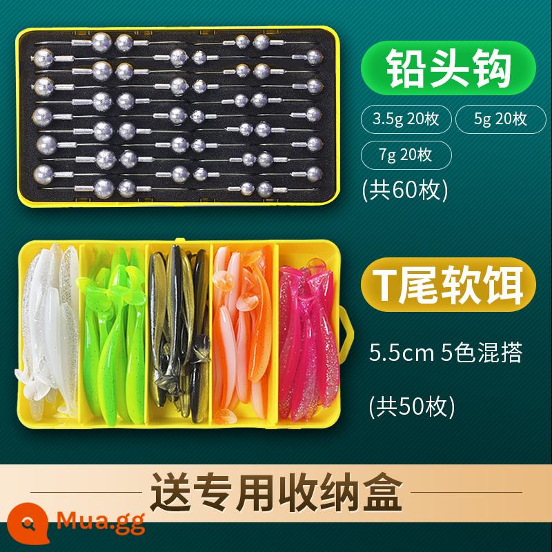 Móc chì gia cường đáy chống treo đầu móc Luya mồi giả đuôi chữ T mồi mềm câu cá rô khoắc cá quả quýt mềm bộ hộp Luya - 60 miếng [gửi hộp 2 mặt móc chì] 3.5+5+7 [gửi 50 đuôi chữ T]