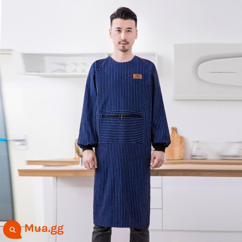 Tạp dề cotton dài tay dài tay chống bẩn quần áo chống bẩn đơn giản cho nam và nữ quần áo bảo hộ lao động chống bẩn - Kiểu sọc dài, rộng và đơn giản - xanh lam [nam và nữ giống nhau]