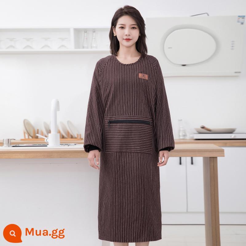 Tạp dề cotton dài tay dài tay chống bẩn quần áo chống bẩn đơn giản cho nam và nữ quần áo bảo hộ lao động chống bẩn - Kiểu sọc cực dài, rộng và đơn giản - màu cà phê [nam và nữ giống nhau]