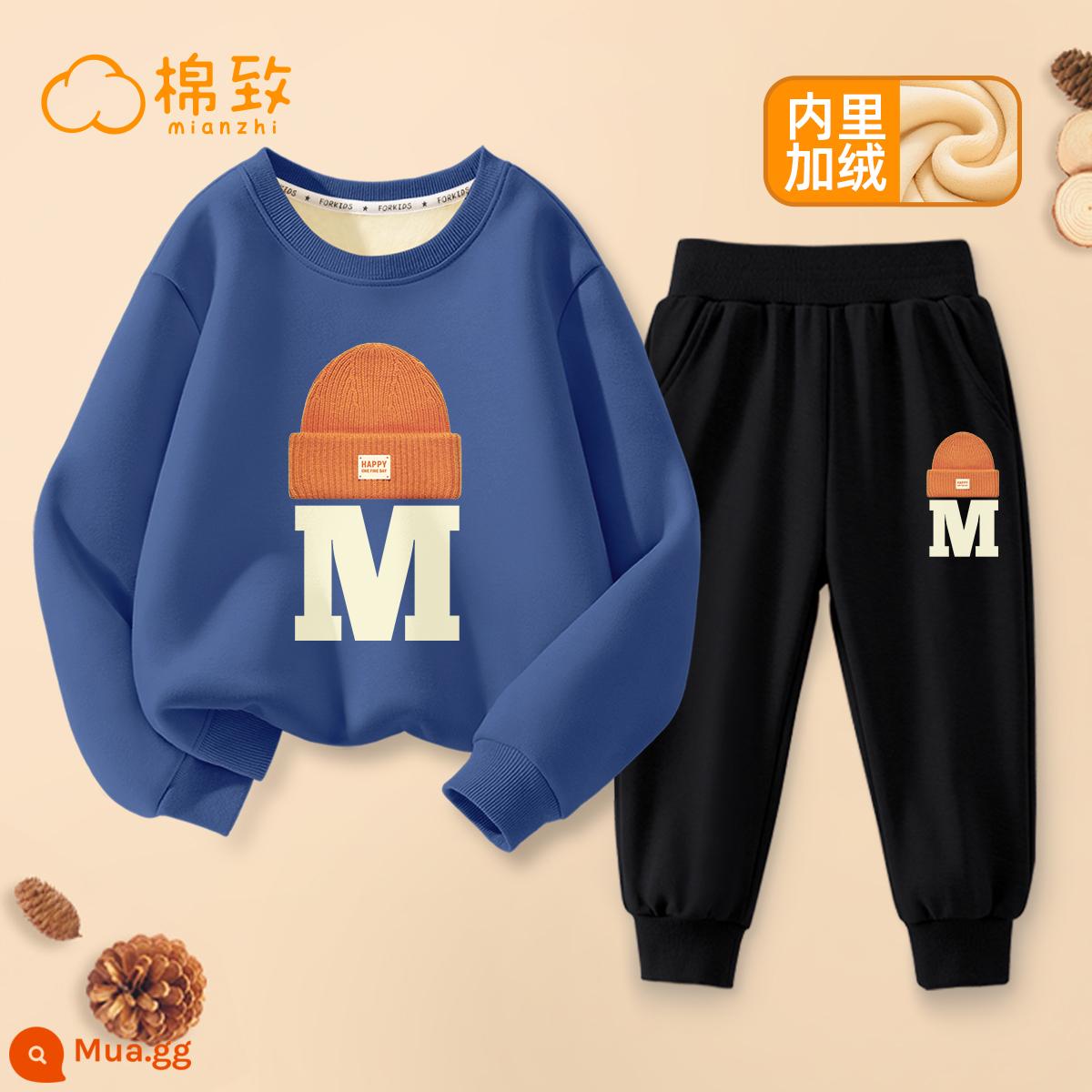 Semir Group Cotton Bé Trai Quần Áo Mùa Thu 2023 Quần Áo Trẻ Em Nhung Mới Quần Áo Trẻ Em Cỡ Lớn Quần Bộ Đồ Mùa Thu Áo Len Trẻ Em - [Thu Đông Plus Phong Cách Nhung] Mũ Màu Chàm + Mũ K Đen