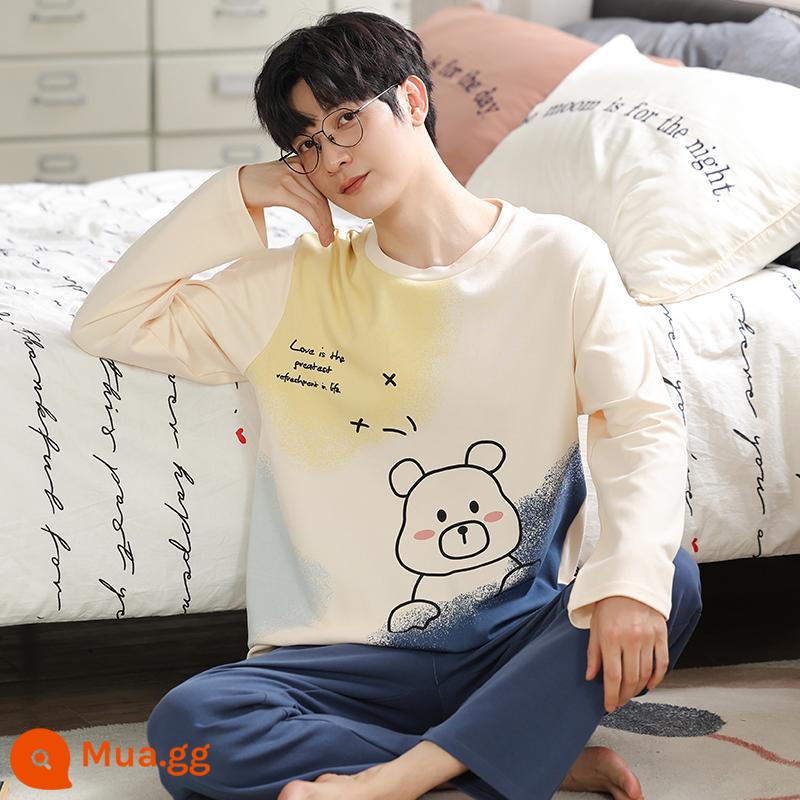 2022 Mới Bộ Đồ Ngủ Nam Xuân Thu Nam Cotton Nguyên Chất Tay Dài Bé Trai Teen Thu Đông Homewear Bộ - thời trang