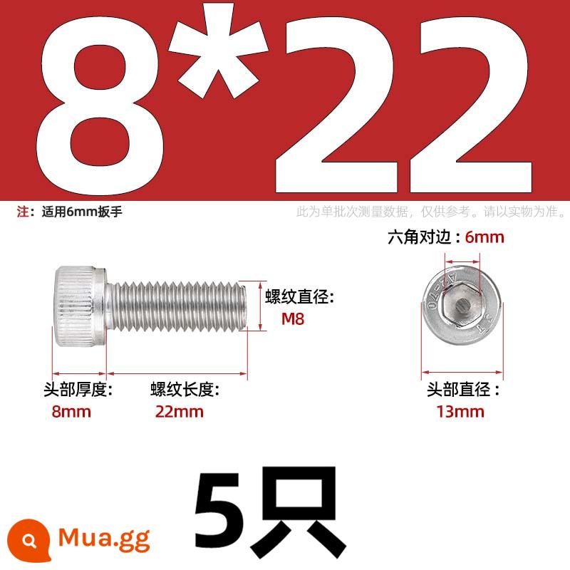 Thép Không Gỉ 304 Bên Trong Vít Lục Giác Cốc Đầu Bu Lông Hình Trụ Đầu Kéo Dài M1.6M2M3M4M5M6M8M10mm - Chỉ M8*22-5