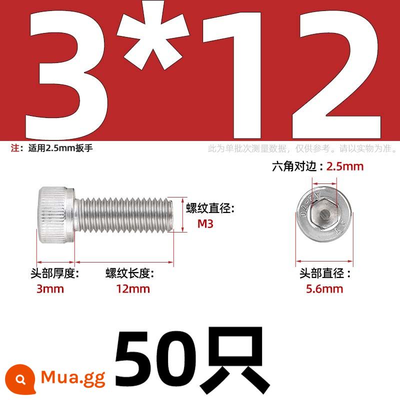 Thép Không Gỉ 304 Bên Trong Vít Lục Giác Cốc Đầu Bu Lông Hình Trụ Đầu Kéo Dài M1.6M2M3M4M5M6M8M10mm - Chỉ M3*12-50