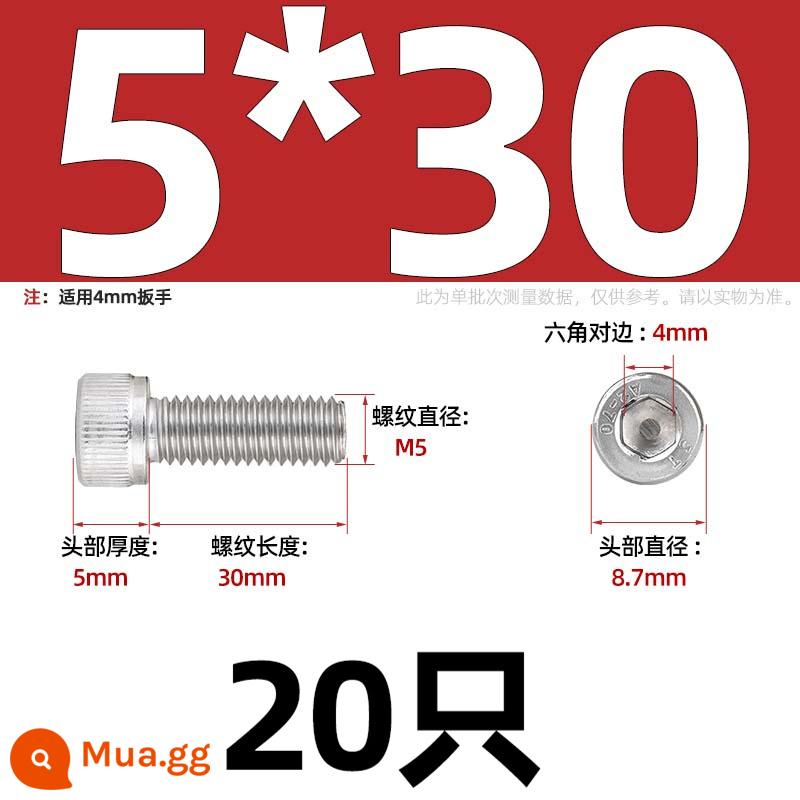 Thép Không Gỉ 304 Bên Trong Vít Lục Giác Cốc Đầu Bu Lông Hình Trụ Đầu Kéo Dài M1.6M2M3M4M5M6M8M10mm - Chỉ M5*30-20