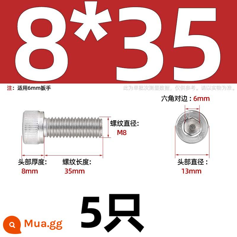 Thép Không Gỉ 304 Bên Trong Vít Lục Giác Cốc Đầu Bu Lông Hình Trụ Đầu Kéo Dài M1.6M2M3M4M5M6M8M10mm - Chỉ M8*35-5