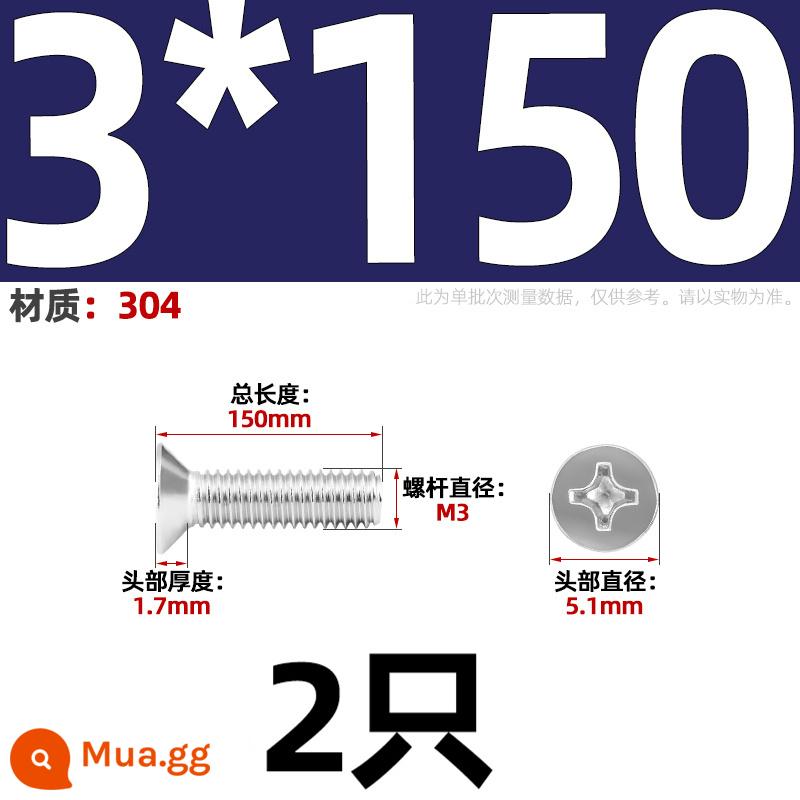 Vít đầu phẳng chữ thập bằng thép không gỉ 304 Vít đầu chìm Phụ kiện bu lông nhỏ M1M2M3M4M5M6M8-12 - Chỉ M3*150-2