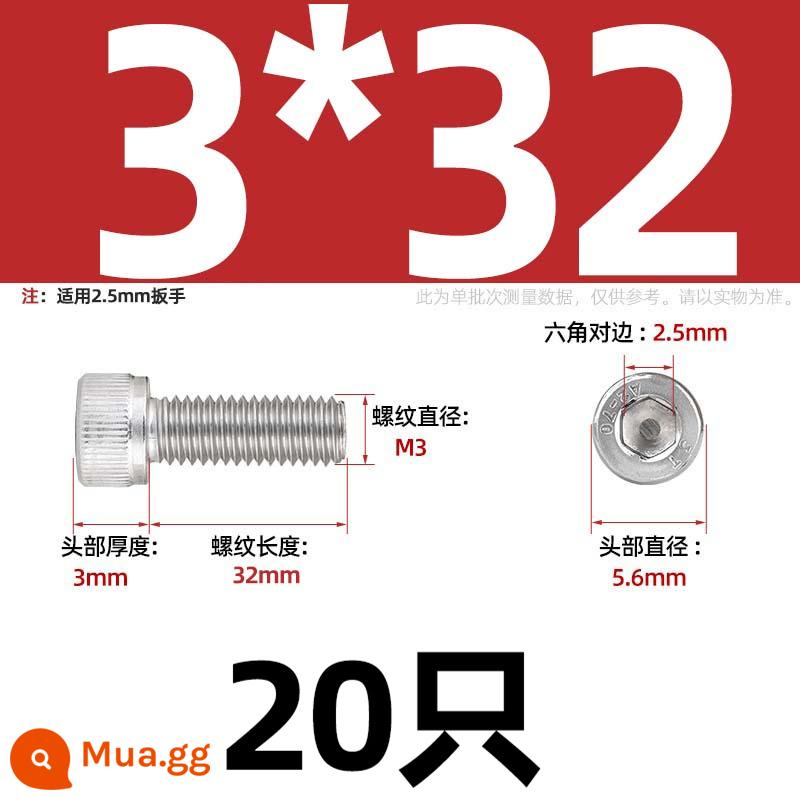 Thép Không Gỉ 304 Bên Trong Vít Lục Giác Cốc Đầu Bu Lông Hình Trụ Đầu Kéo Dài M1.6M2M3M4M5M6M8M10mm - Chỉ M3*32-20