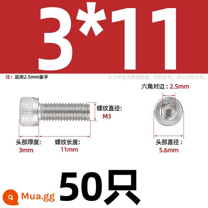 Thép Không Gỉ 304 Bên Trong Vít Lục Giác Cốc Đầu Bu Lông Hình Trụ Đầu Kéo Dài M1.6M2M3M4M5M6M8M10mm - Chỉ M3*11-50