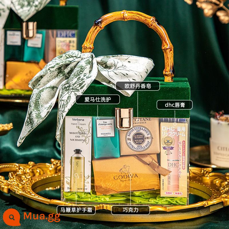 Hộp quà L'Occitane họp mặt thường niên công ty Quà sinh nhật năm mới cho phù dâu Quà cưới tay món quà nhỏ thiết thực - [Hộp Quà Xanh]+Kem dưỡng da tay+Hermès Care+Xà phòng L’Occitane+Son môi DHC+Sô cô la [Siêu tiết kiệm]