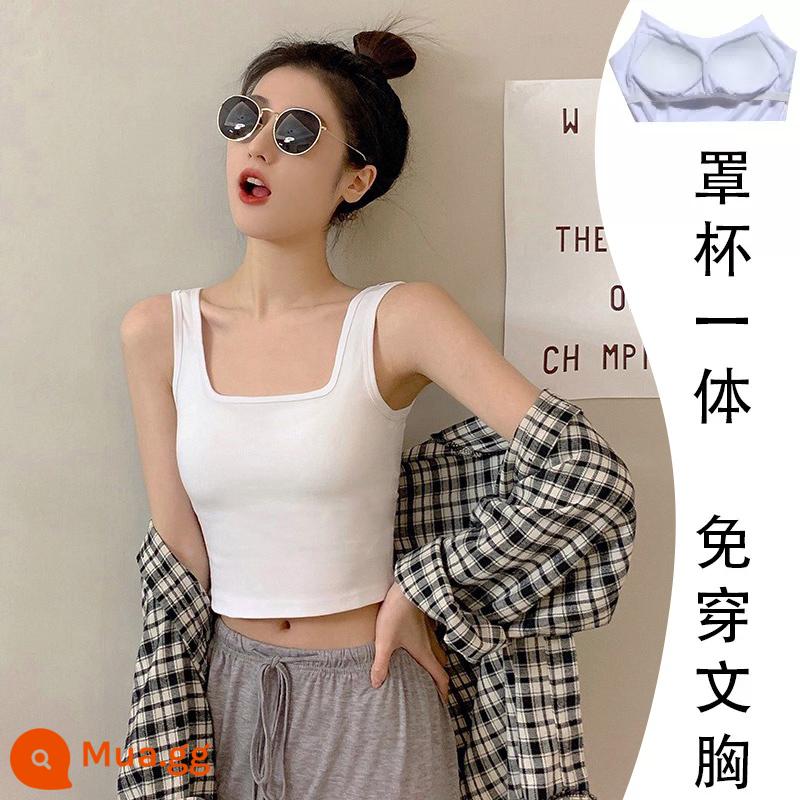 Cotton nguyên chất màu đen cổ vuông yếm trong của phụ nữ mặc trong mùa xuân và mùa thu ngắn dây đeo vai rộng lưng đẹp cộng với nhung bên ngoài mặc dưới cùng - Trắng [đệm ngực buộc vuông]