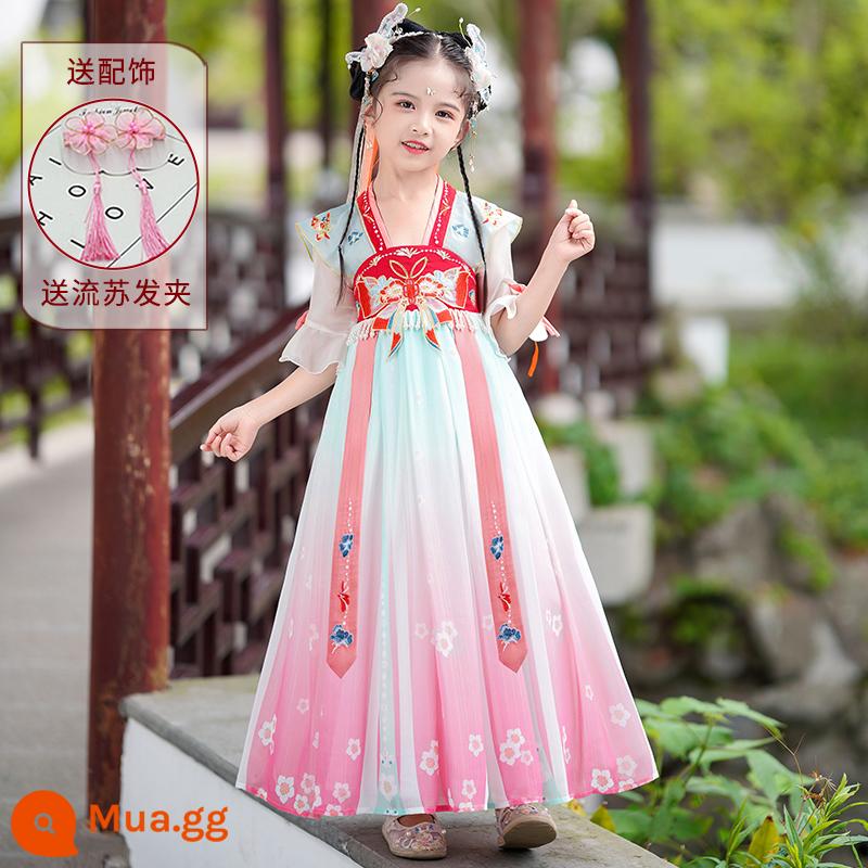 Hanfu bé gái mùa hè váy cổ mùa hè trẻ em nữ phong cách cổ Tang phù hợp với váy bé gái mùa hè váy công chúa - 2629 xanh [gửi kẹp tóc]