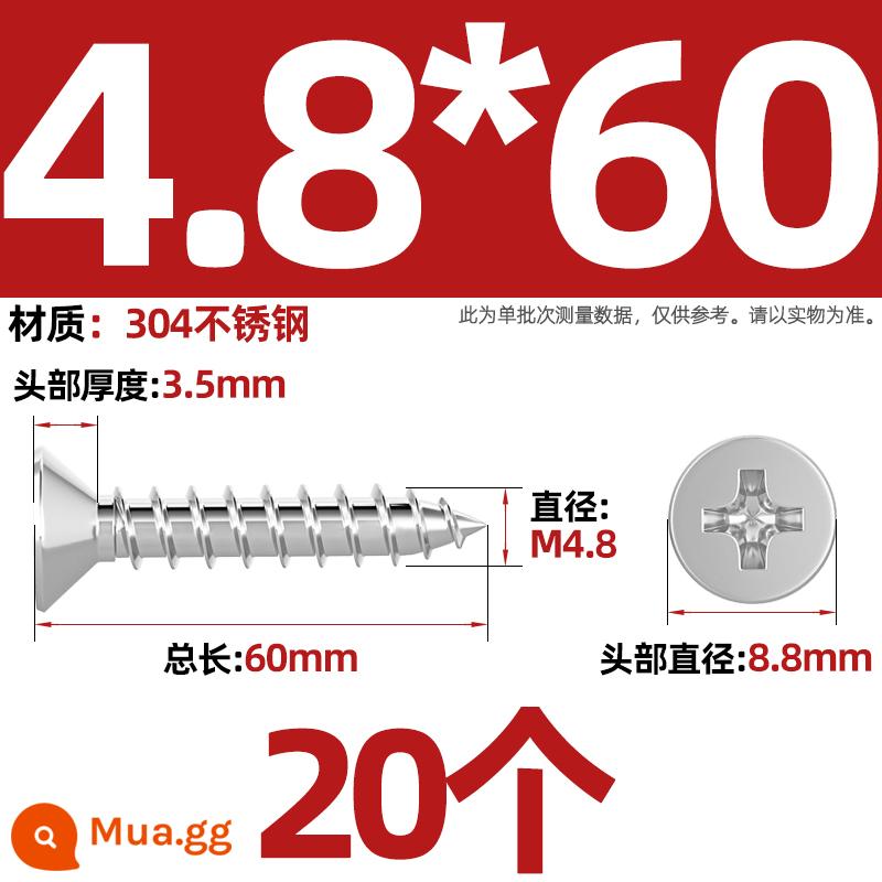 Thép không gỉ 304 vít tự tháo chéo đầu chìm vít mở rộng đầu phẳng chuyển đổi vít gỗ M2M3M4M5M6M8 - M4.8*60-20 miếng