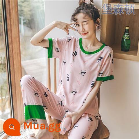 Bộ đồ ngủ dài tay mùa hè cho nữ cotton lụa phù hợp với học sinh rộng rãi kích thước lớn mùa xuân và mùa thu cotton lụa mỏng phục vụ tại nhà bộ hai mảnh - Quần ngắn tay hình gấu trúc màu hồng