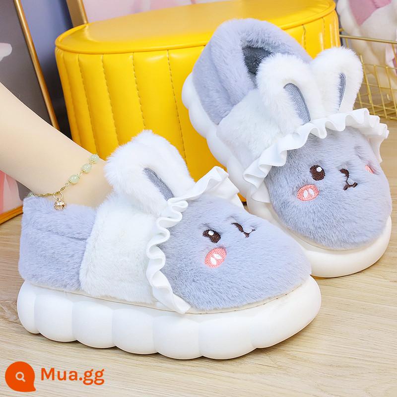 Huizimu mới cotton giày mùa đông nữ thỏ ngọt nhà chống trơn trượt mềm mại ấm áp dễ thương sang trọng giam dép bông - Túi ren thỏ màu xám/một cỡ quá nhỏ