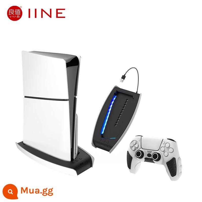 Giá trị tốt (IINE) phù hợp cho Sony PS5 Slim console phiên bản mỏng đế phát trực tiếp PlayStation khung đế dọc bảng điều khiển trò chơi quốc gia với các phụ kiện PS5 có đèn RBG - Đế mỏng + Vỏ silicon đen trắng cho bộ điều khiển PS5-L898+L691