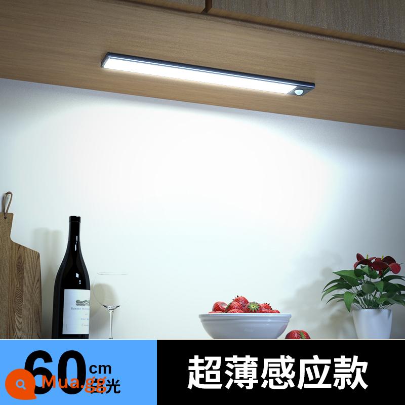 Đèn LED thông minh cơ thể con người dải ánh sáng cảm ứng sạc không dây tự dính tổng thể tủ bếp tủ giày hiên tủ rượu tủ quần áo dải ánh sáng - [Mẫu siêu mỏng 9 mm] Cảm biến ánh sáng trắng 60 cm/luôn ở chế độ kép