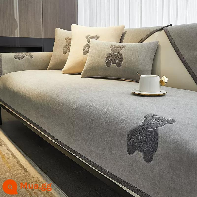 Voan Sofa Đệm Bốn Mùa Đa Năng Chống Trơn Trượt Cao Cấp Bọc Vải Bắc Âu Đơn Giản Hiện Đại Đệm Bao Gồm Đa Năng - Gấu yêu-Xám nhạt [Chenille nâng cấp]