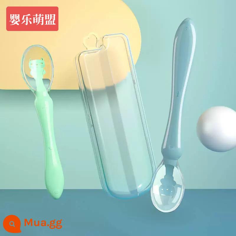 Muỗng silicone mềm cho bé sơ sinh thìa ăn cấp thực phẩm học tập ăn thìa tập ăn nước cho trẻ sơ sinh không chủ yếu thìa ăn dặm - Xanh dương + xanh lá cây [dài và ngắn 2 chiếc] đi kèm hộp đựng