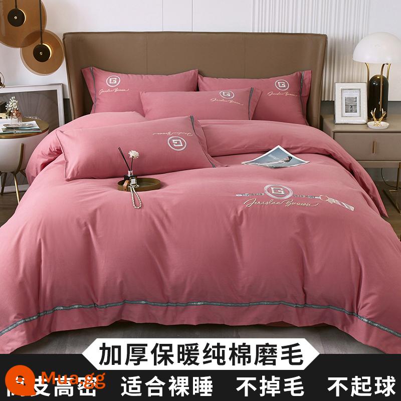 Cao Cấp 200 Tính Cotton Dày Chải 4 Bộ Cotton Nguyên Chất 100 Giường Vỏ Chăn Mùa Đông Chăn Ga Gối Ấm Áp - G-cherry đỏ [bông chải nguyên chất dày]