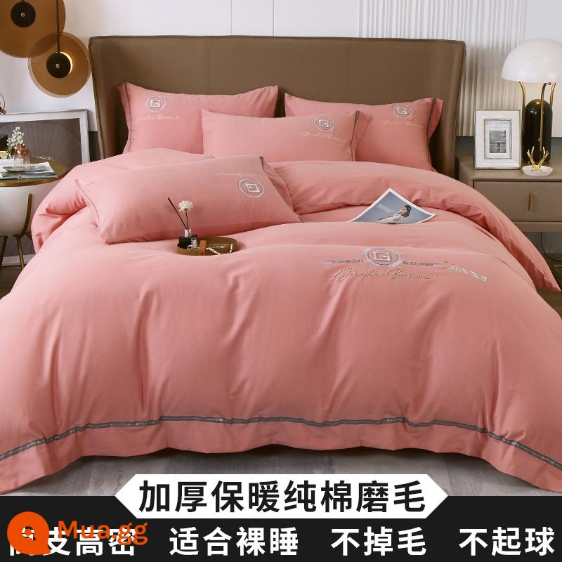 Cao Cấp 200 Tính Cotton Dày Chải 4 Bộ Cotton Nguyên Chất 100 Giường Vỏ Chăn Mùa Đông Chăn Ga Gối Ấm Áp - Bột G-fairy [bông chải nguyên chất dày]