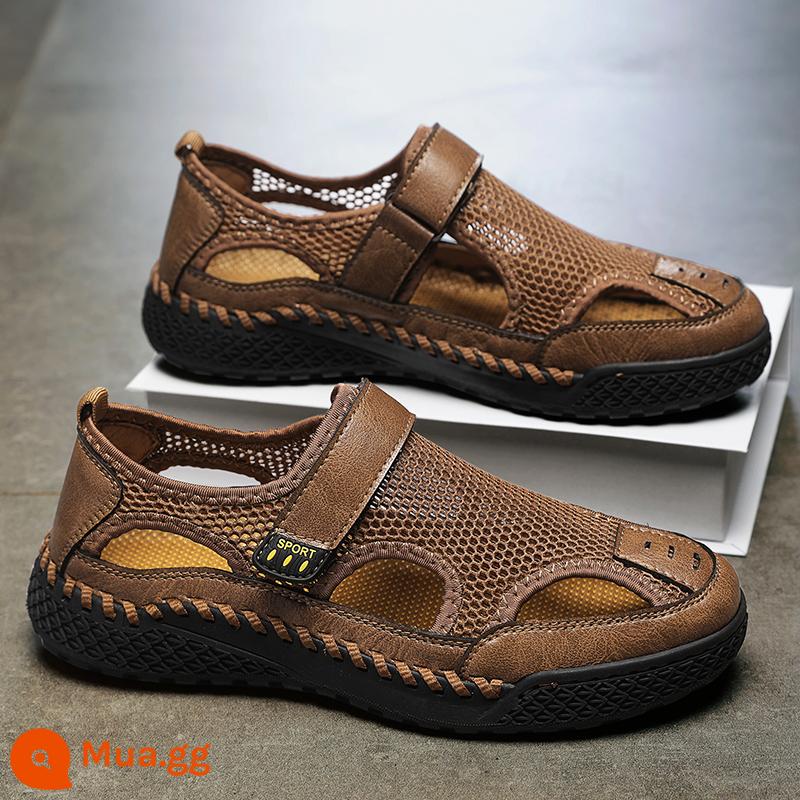 Giày sandal nam mùa hè ngoài trời mang leo núi lội nước giày lưới bố thể thao thoáng khí Bao Đầu bãi biển có lỗ giày - nâu