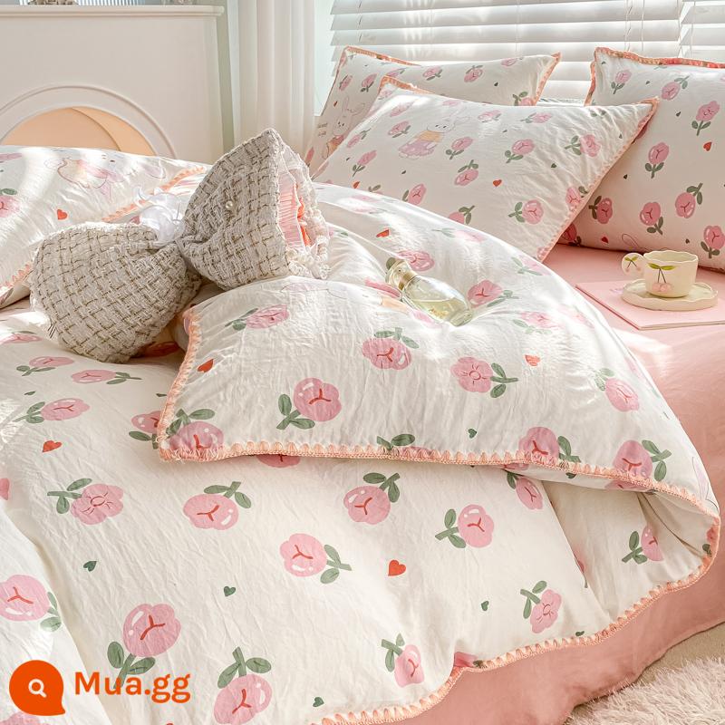 Gạc hai lớp đơn giản giường cotton đã giặt ga trải giường bốn mảnh vỏ chăn đơn không cotton cotton nguyên chất ký túc xá sinh viên bộ ba mảnh - Manta Rose [Sợi hai lớp siêu mềm, thích hợp để ngủ khỏa thân]