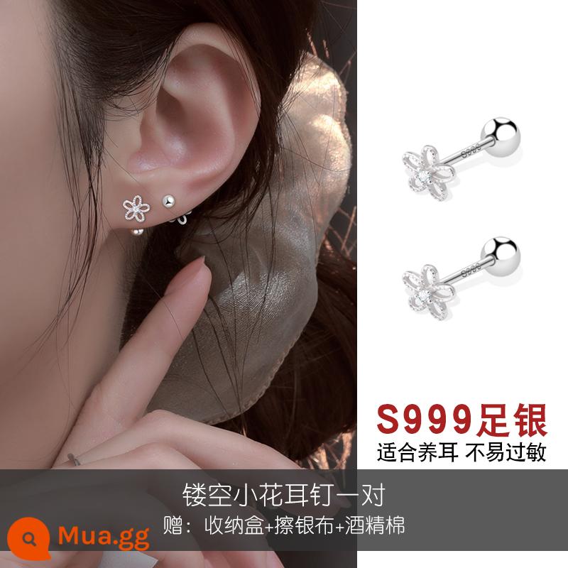 999 Nút vặn bằng bạc nguyên chất Kim xỏ lỗ tai cho nữ, Móng xương tai bằng bạc đính đá zircon, Bông tai nhỏ hai đầu, Không cần tháo để tránh rơi ra ngoài - [Bạc nguyên chất 999] Bông tai hình hoa rỗng [Đôi]