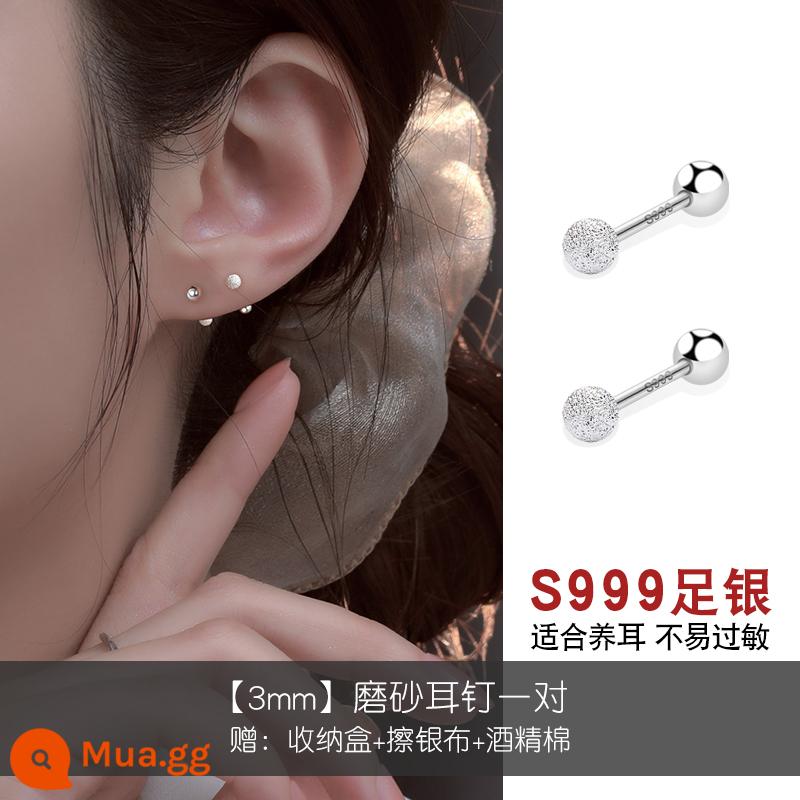 999 Nút vặn bằng bạc nguyên chất Kim xỏ lỗ tai cho nữ, Móng xương tai bằng bạc đính đá zircon, Bông tai nhỏ hai đầu, Không cần tháo để tránh rơi ra ngoài - [Bạc nguyên chất 999] Bông tai mờ 3mm [cặp]