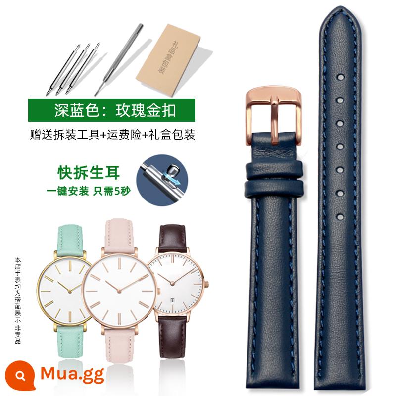 Thích hợp cho dây đeo đồng hồ dw dành cho nam và nữ da thật Phụ kiện Daniel 28|32|36|40mm dây da bò trắng đỏ - Màu xanh đậm: khóa cài quả cầu màu vàng hồng