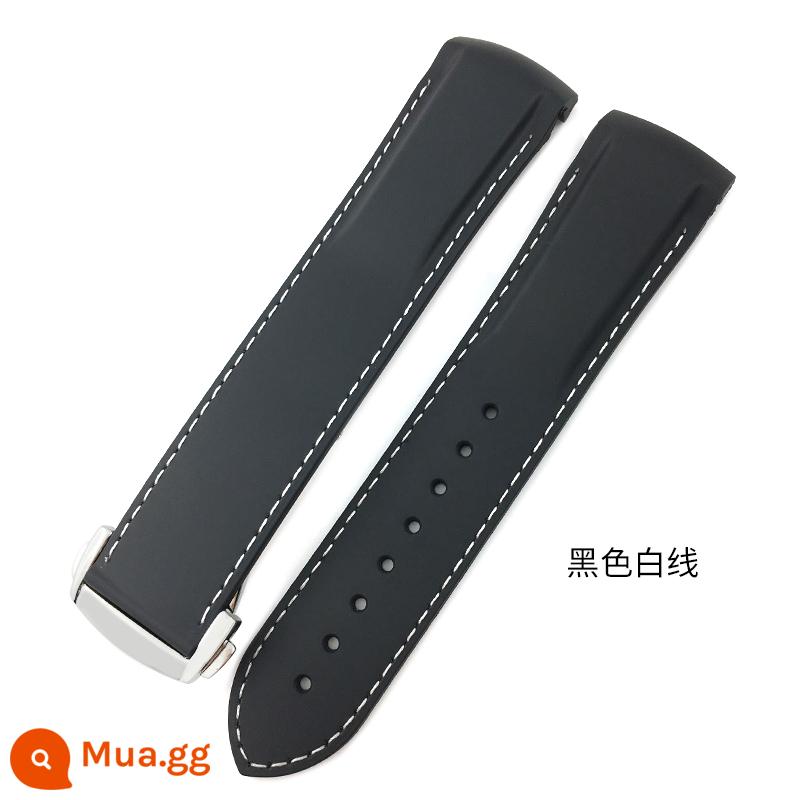 YGB Ban Đầu Cong Silicone Fluorine Dây Đeo Cao Su Thích Hợp Cho Omega Mới Seamaster 300 Speedmaster Seiko Hamilton - Khóa bạc sợi trắng đen