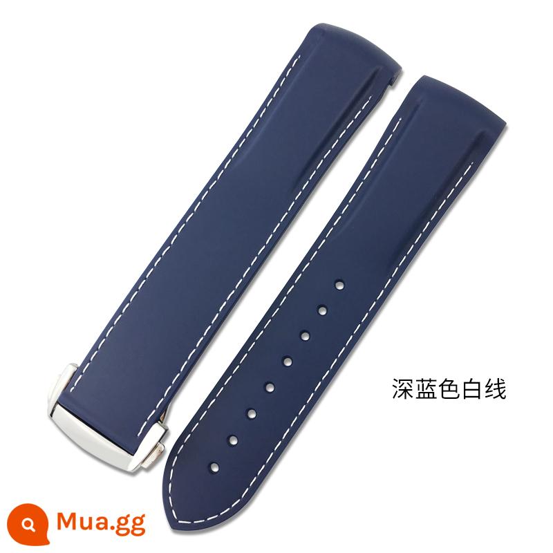 YGB Ban Đầu Cong Silicone Fluorine Dây Đeo Cao Su Thích Hợp Cho Omega Mới Seamaster 300 Speedmaster Seiko Hamilton - Khóa bạc sợi trắng xanh đậm