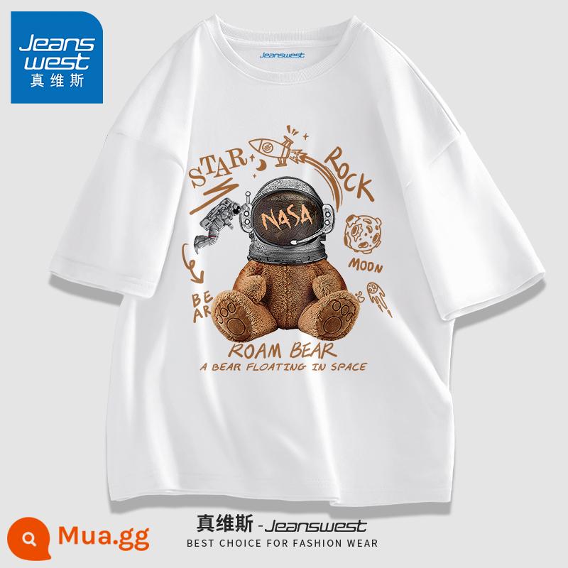 Áo thun nam JR Jeanswest ngắn tay áo thun cotton mùa hè nam nửa tay nam thương hiệu cặp đôi muối phong cách bạn trai - #gấu vũ trụ màu trắng