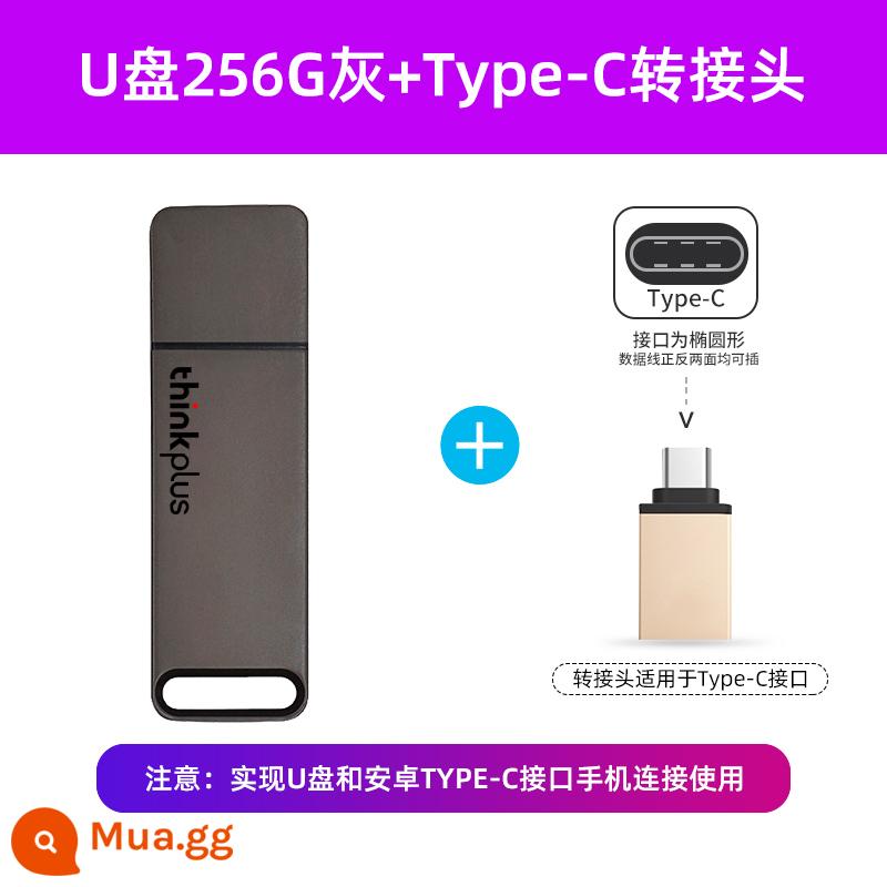 Ổ đĩa flash Lenovo 256G dung lượng lớn kim loại tốc độ cao 3.0 chính hãng máy tính trên ô tô Ổ đĩa flash USB X3 lite tùy chỉnh 128g - Tiêu đề màu xám 256G+Typec