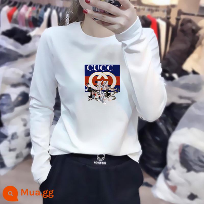 Hàn Quốc 2022 Mùa thu Bản in mới in Cotton dài -Sleeved t -shirt nữ phiên bản Hàn Quốc lỏng lẻo và đơn giản và thực hiện Tide Top - Trắng