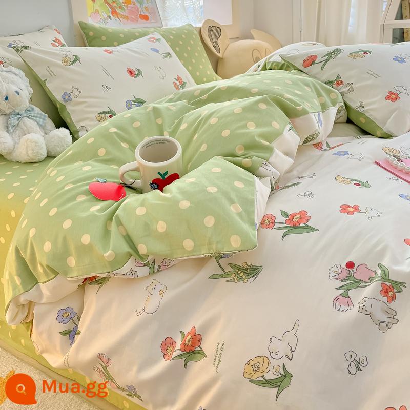 Jie Liya mùa xuân cotton nguyên chất 4 mảnh 100 cotton chăn ga trải giường ins đơn ký túc xá giường 3 mảnh bộ - Meow Meow [100% cotton chải kỹ, không co rút, không phai màu]