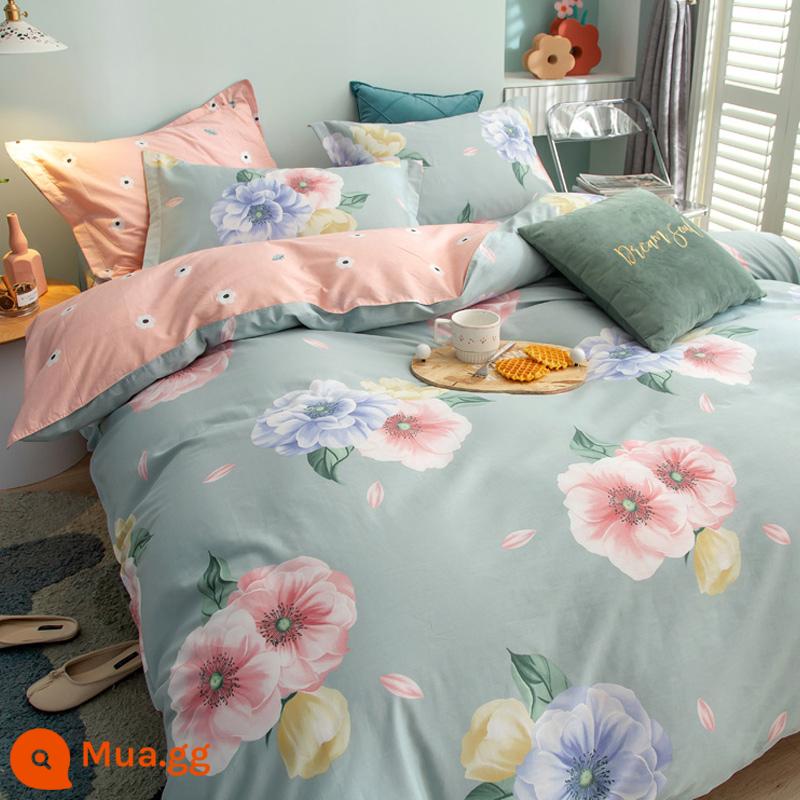 Jie Liya cotton nguyên chất 4 mảnh 100 cotton chăn ga trải giường gió bốn mùa đa năng ký túc xá sinh viên giường 3 món - Joanna (màu xanh lá cây)