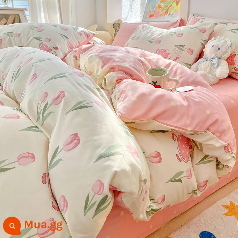 Jie Liya cotton nguyên chất vỏ chăn 1 mảnh 100 cotton vỏ chăn Bộ lõi vỏ chăn 150x200 vỏ chăn ga gối 200x230 - Công chúa thỏ hoa tulip