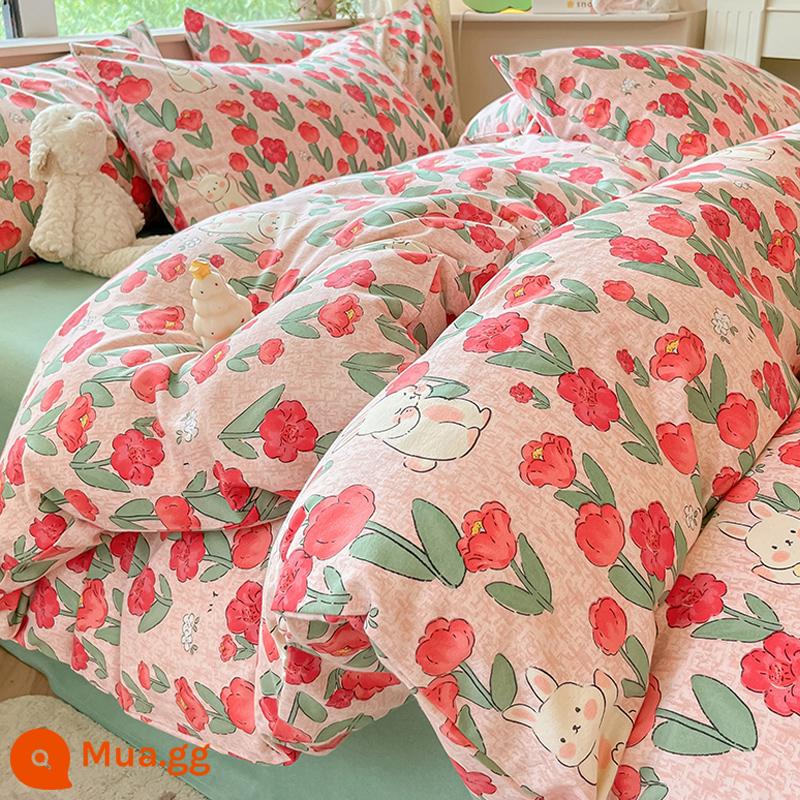 Jialiya nguyên chất cotton chải 4 Bộ dày bông vỏ chăn chăn ga gối đệm ký túc xá sinh viên 3 bộ giường ngủ - Hongyan [thân thiện với làn da, ấm áp và chải chuốt, mềm mại và thân thiện với làn da, bạn có thể ngủ khỏa thân]