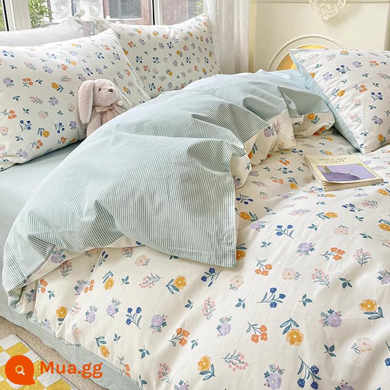 Jie Liya cotton nguyên chất bốn mảnh 100 cotton chăn ga trải giường chăn ga gối trải giường ký túc xá chăn ga trải giường bộ ba món - cuộc gặp gỡ đầu tiên