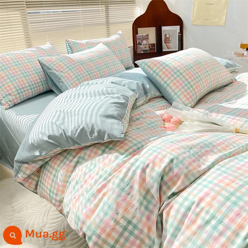 Jie Liya chăn bông đã giặt vỏ chăn đơn mảnh 200x230 bông cotton nguyên chất Ga trải giường đơn 150x200 - kem xanh